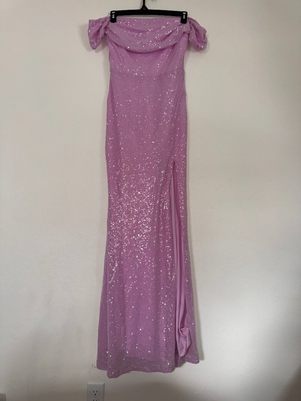 Off-the-shoulder sequin formal dress